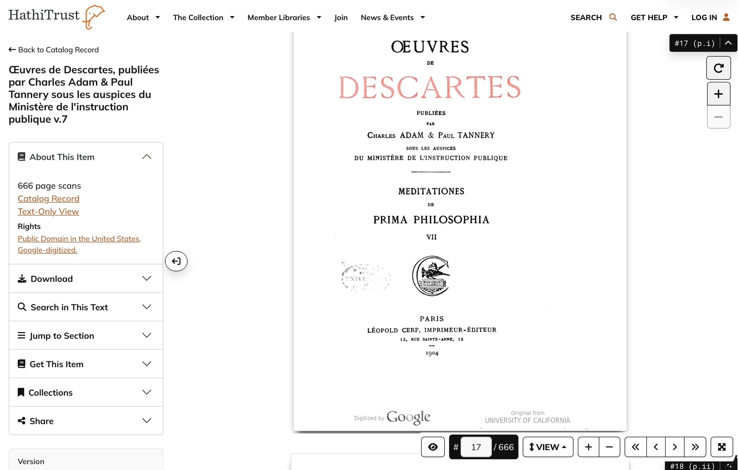 A screenshot of the HathiTrust catalog of AT VII.