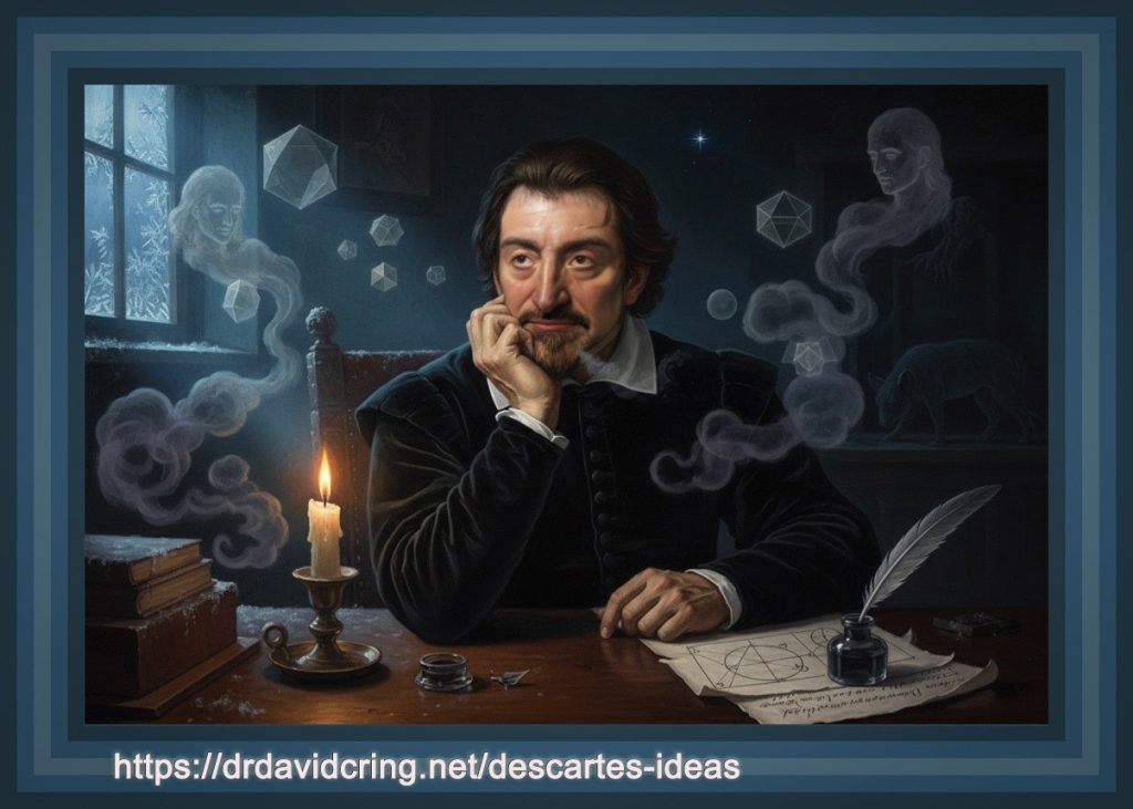 A dark gray’s triple-framed AI-generated image by ChatGPT 5.1 of René Descartes at his desk, pondering the status of a cold sensation with his right hand on the right side of his chin, and a lighted candle to his right, and a quill pen on his left, is used as a featured image.