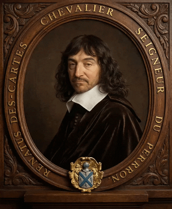 A colorized animated GIF of René Descartes looking out at the viewer and moving his eyes.
