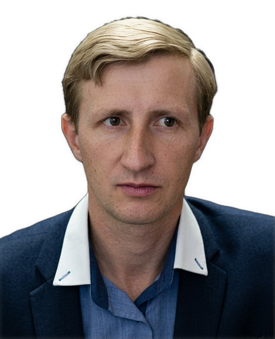 A reversed enhanced, colorized photographic cutout of Dmytro Sepetyi wearing a blue shirt with a white collar beneath a blue sport coat, looking slightly to his left, is used to identify him visually.