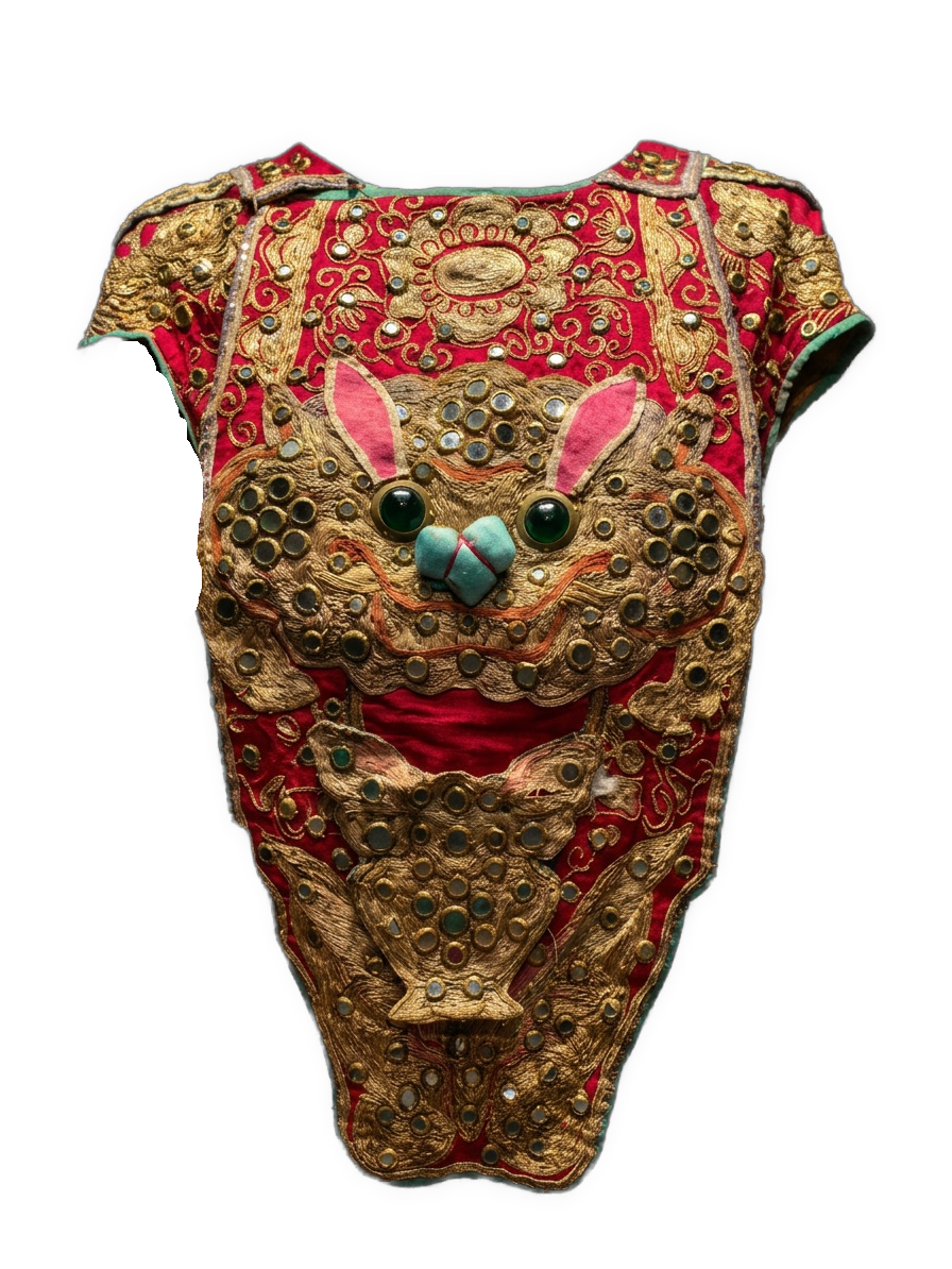 An enhanced, colorized photographic cutout of an ancient Chinese red-and-gold blouse with a 3D bunny face in the center is used as a bullet point.