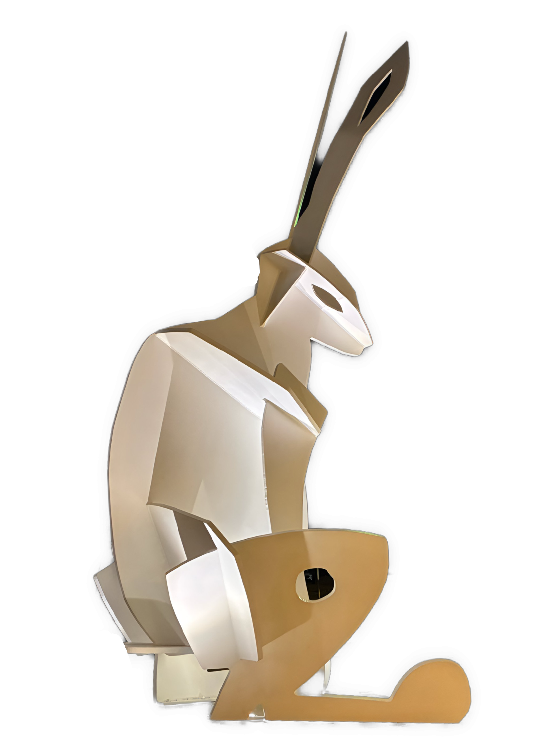 An enhanced photographic cutout of an abstract statue of a large hare in left profile with elongated ears is used as a bullet point.
