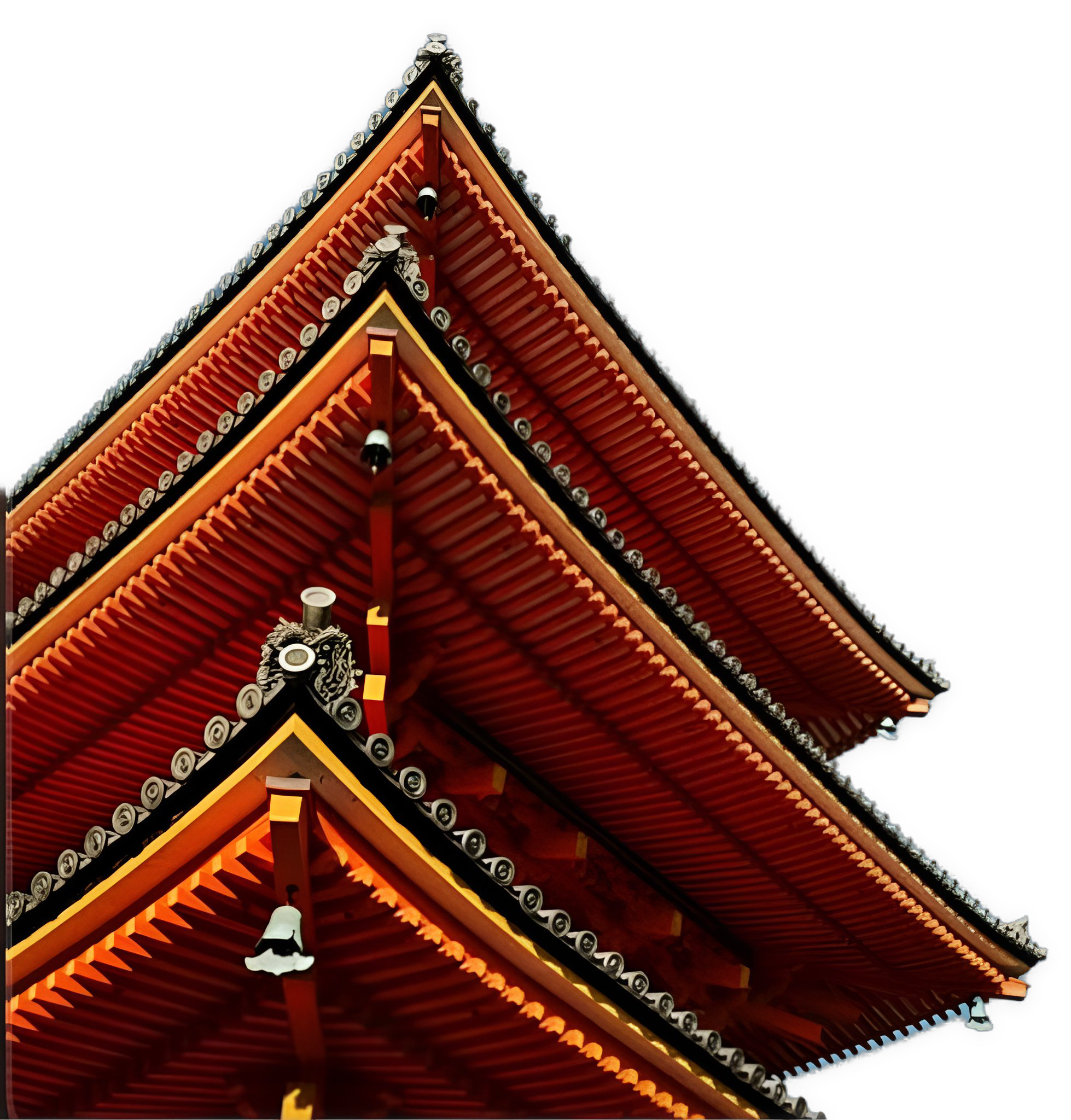 A three tiered orange and yellow trimmed Chinese pagoda building roof is used as a bullet point.