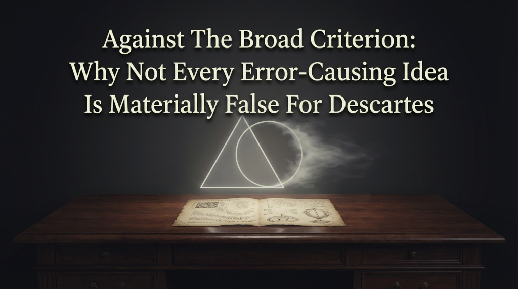 A featured image generated by Nano Banana Pro with the title “Against The Broad Criterion: Why Not Every Error-Causing Idea Is Materially False For Descartes” above a ghostly circle merging into a ghostly triangle over an open book on a brown wood table is used as a featured image.