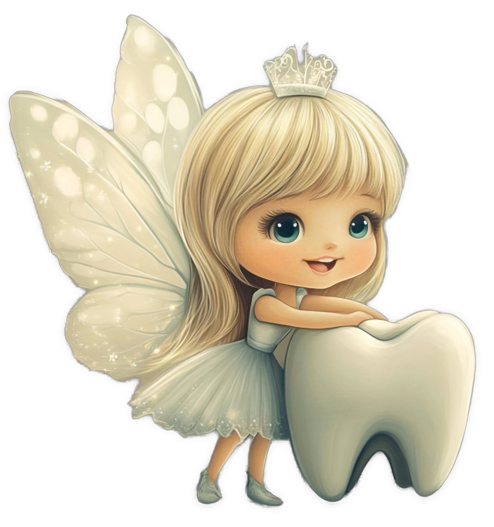 An enhanced cutout of a painting of the Tooth Fairy is used for visual. Identification.