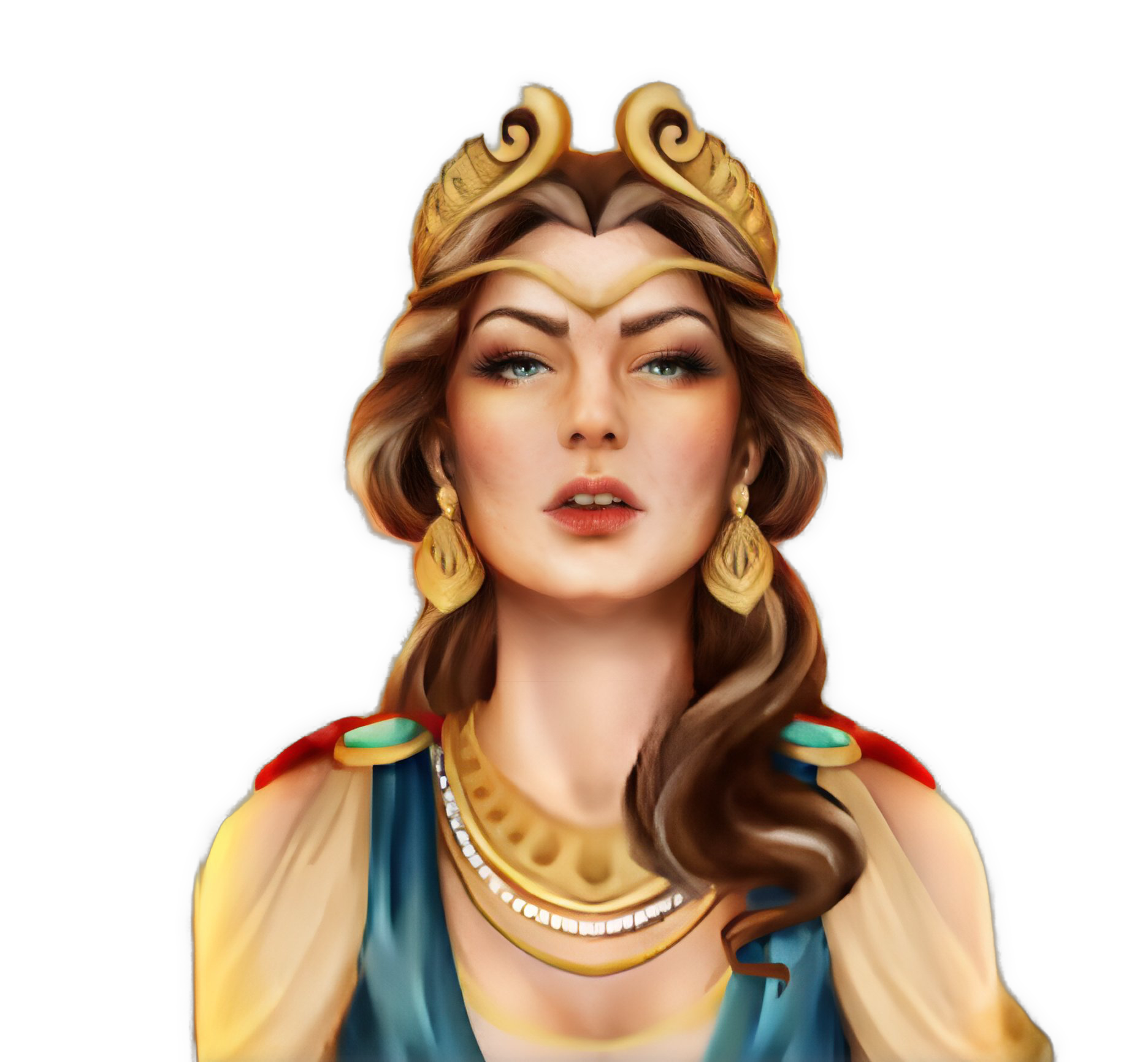 An enhanced cutout of a painting of Hera with a double gold scrolled crown is used for visual identification.