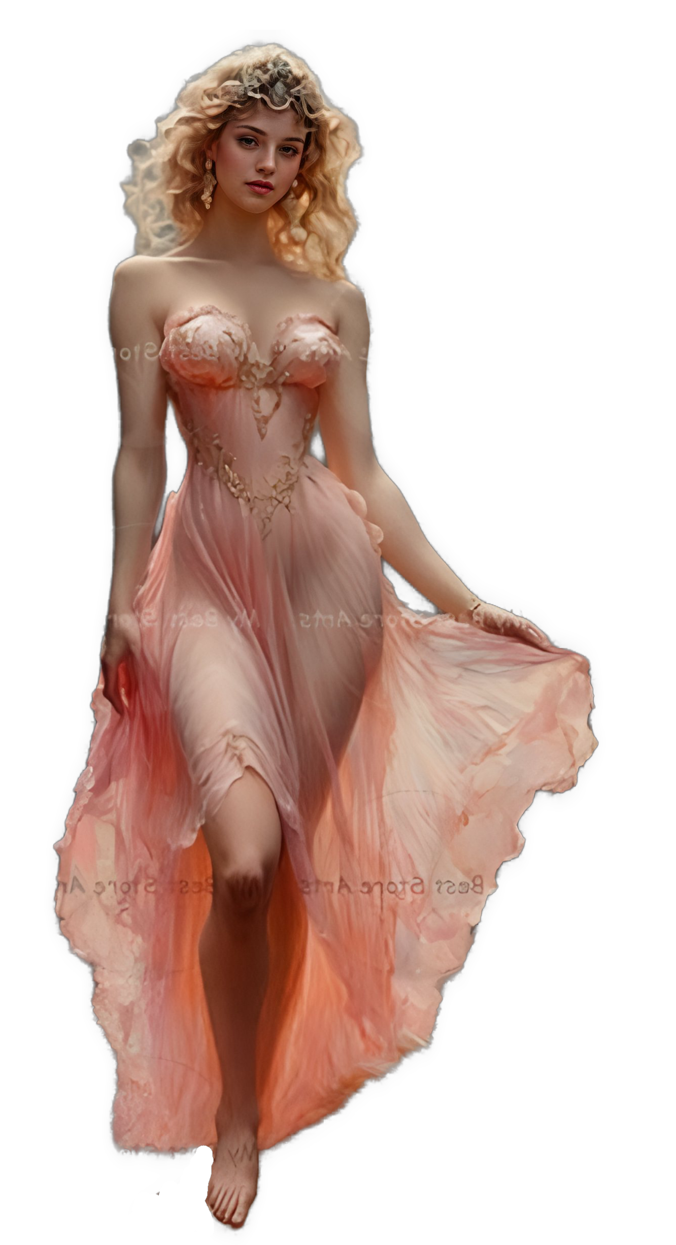 An enhanced cutout of a painting of a sexy Aphrodite with her hands in her see through dresses splayed skirt is used for visual identification.