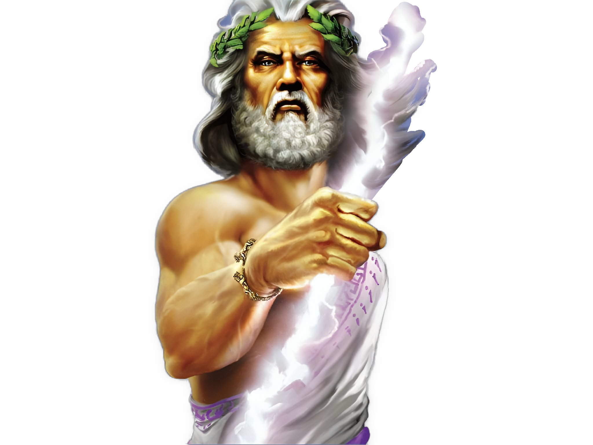 An enhanced cutout of a painting of Zeus holding a thick lightning bolt in his right hand is used for visual identification.