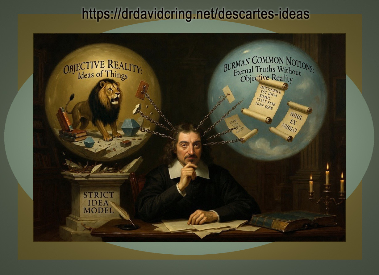 A framed AI-generated image by Nano Banana with a face substituted Descartes in the center seated at a table with chains going out from his head on his right (viewer’s left) the chains attach to a dull gold sphere labeled OBJECTIVE REALITY with Idea of Things under it and on his left side the chains attach to a light blue sphere labeled Burman Common Notions is used as a featured image.