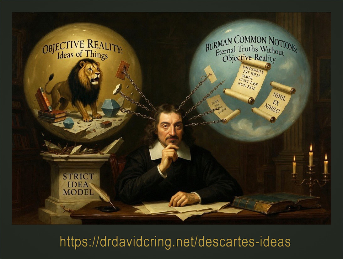A single dark green framed AI-generated image by Nano Banana with a face substituted Descartes in the center seated at a table with chains going out from his head on his right (viewer’s left) with the chains attached to a dull gold sphere labeled OBJECTIVE REALITY with Idea of Things under it and on his left side the chains attach to a light blue sphere labeled Burman Common Notions is used as a featured image.
