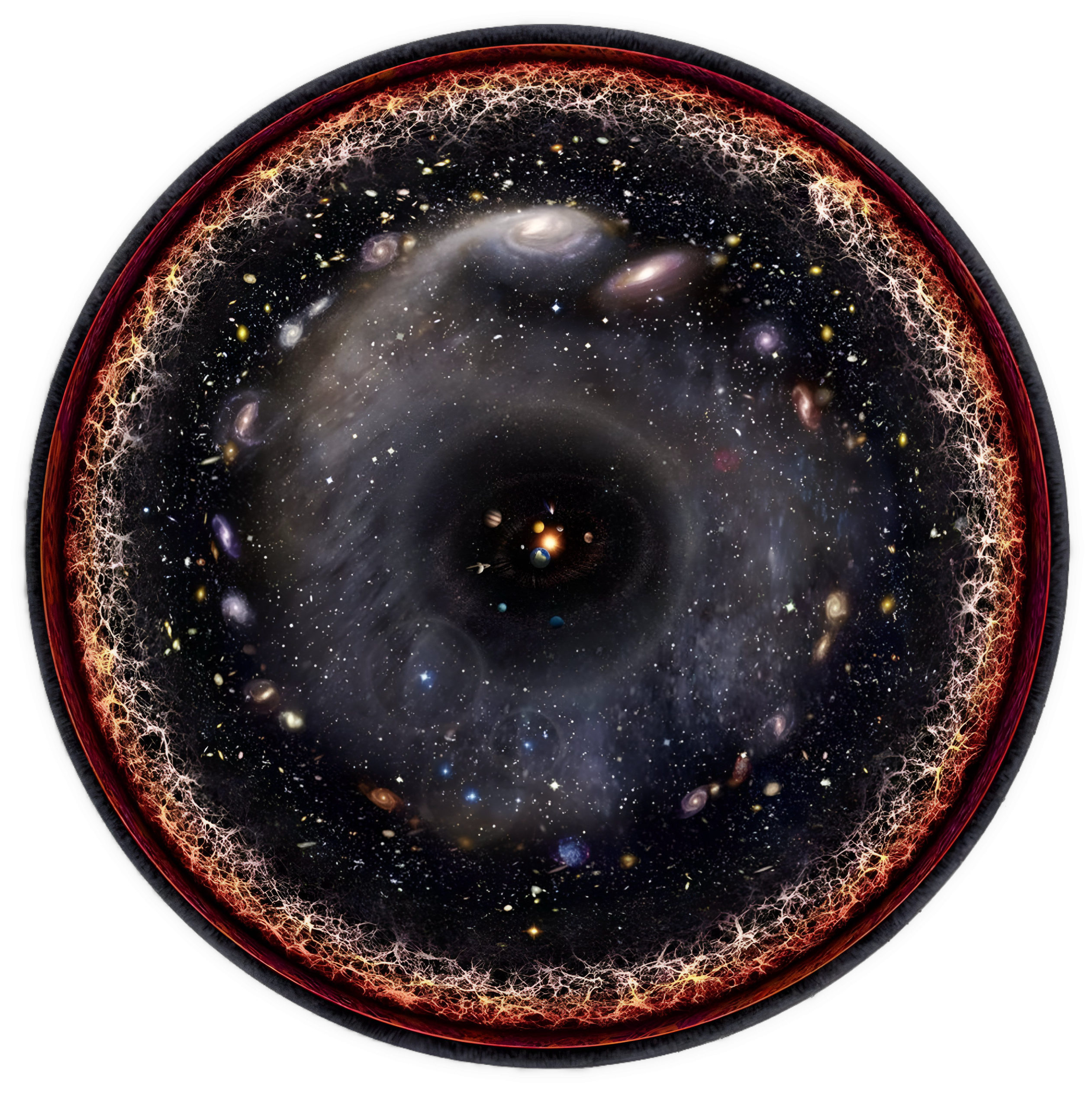 An enhanced cutout of a disc containing the entire visible universe mostly black with brown in the outer fringe is used as a bullet point. 