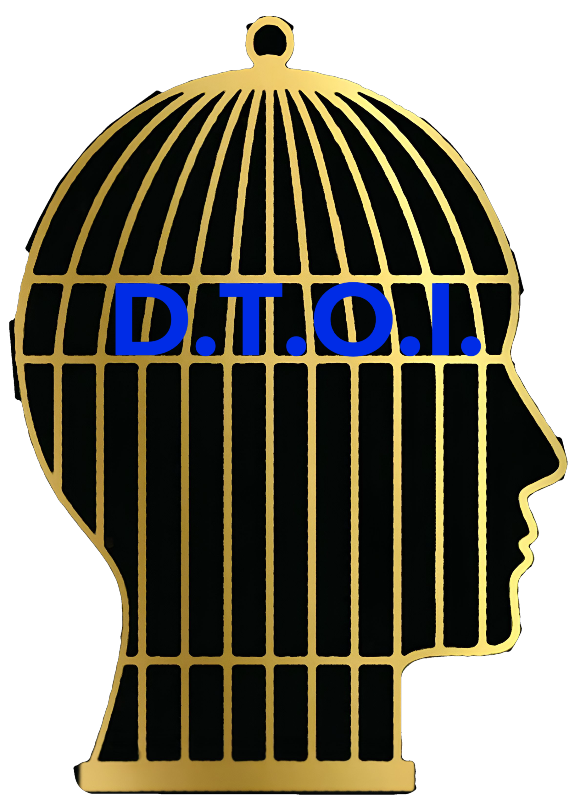 An enhanced cutout of a drawing of a male human head as a gold bar bird cage on a black background with a centered round welded piece for attaching a cord to hold it up is used as a bullet point.