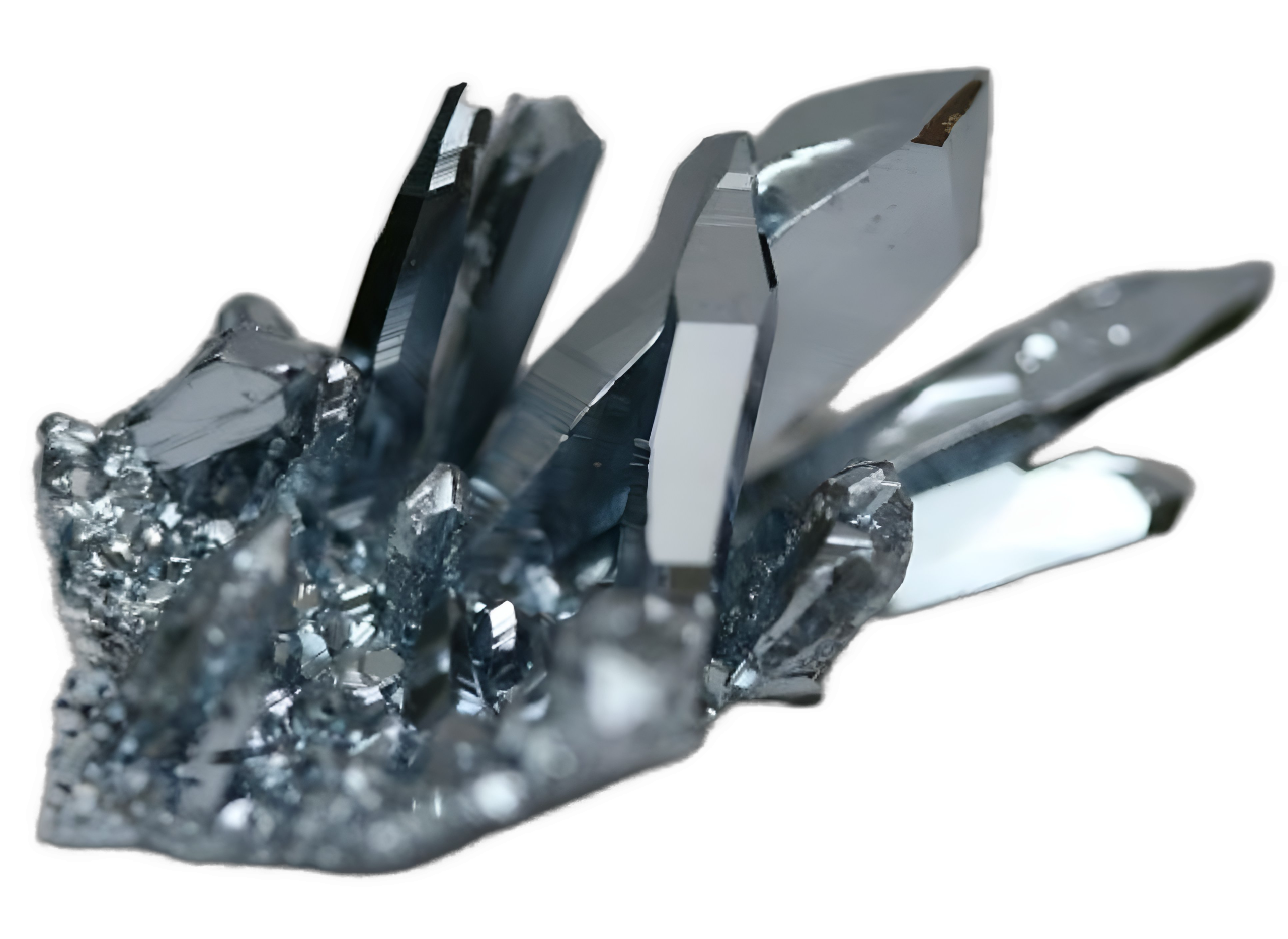 An enhanced photographic cutout of a dense, shiny, silvery metallic substance is used as a bullet point.