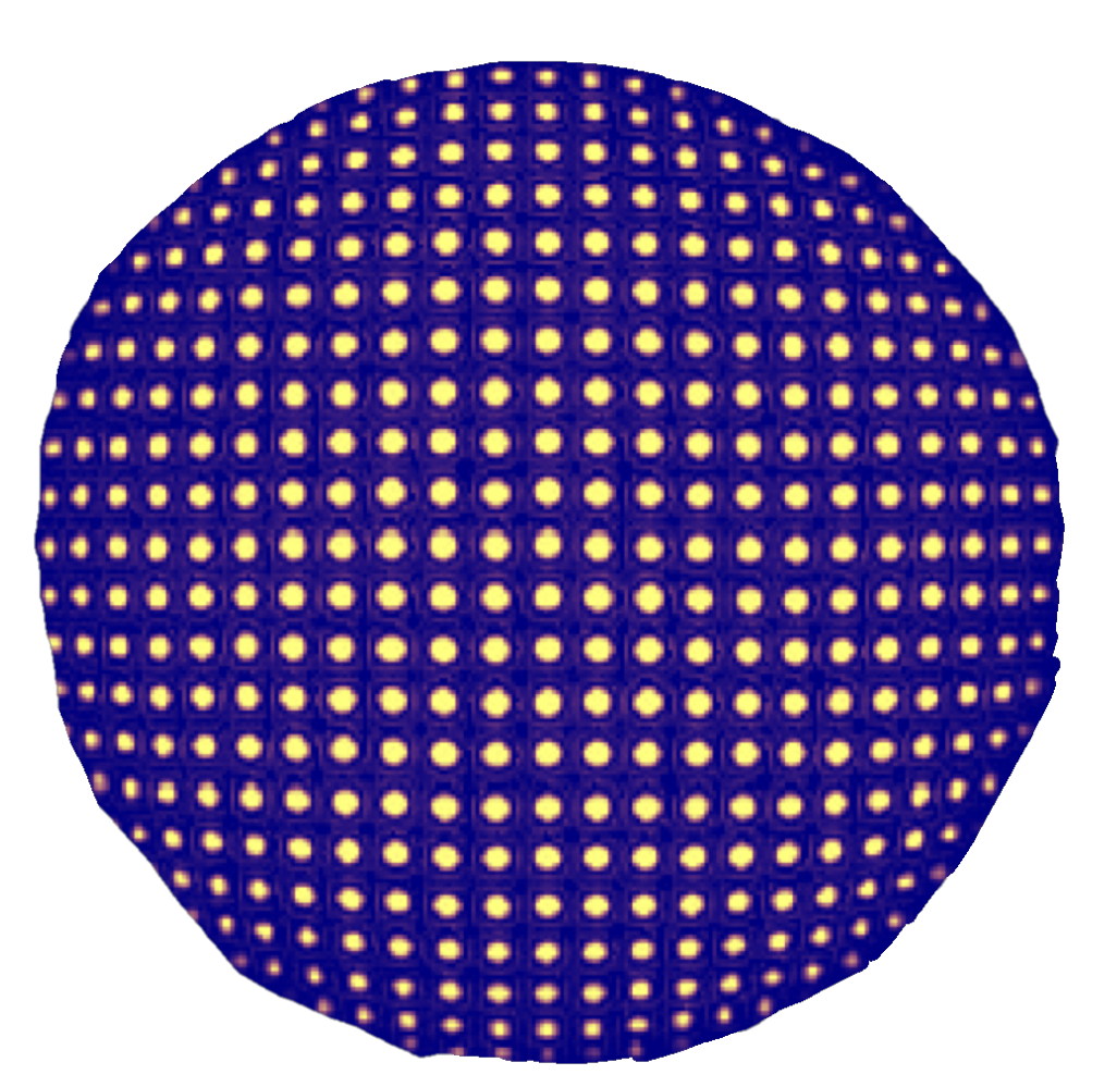 A round, uniformly yellow dotted surface on a dark blue ball serves as a bullet point.