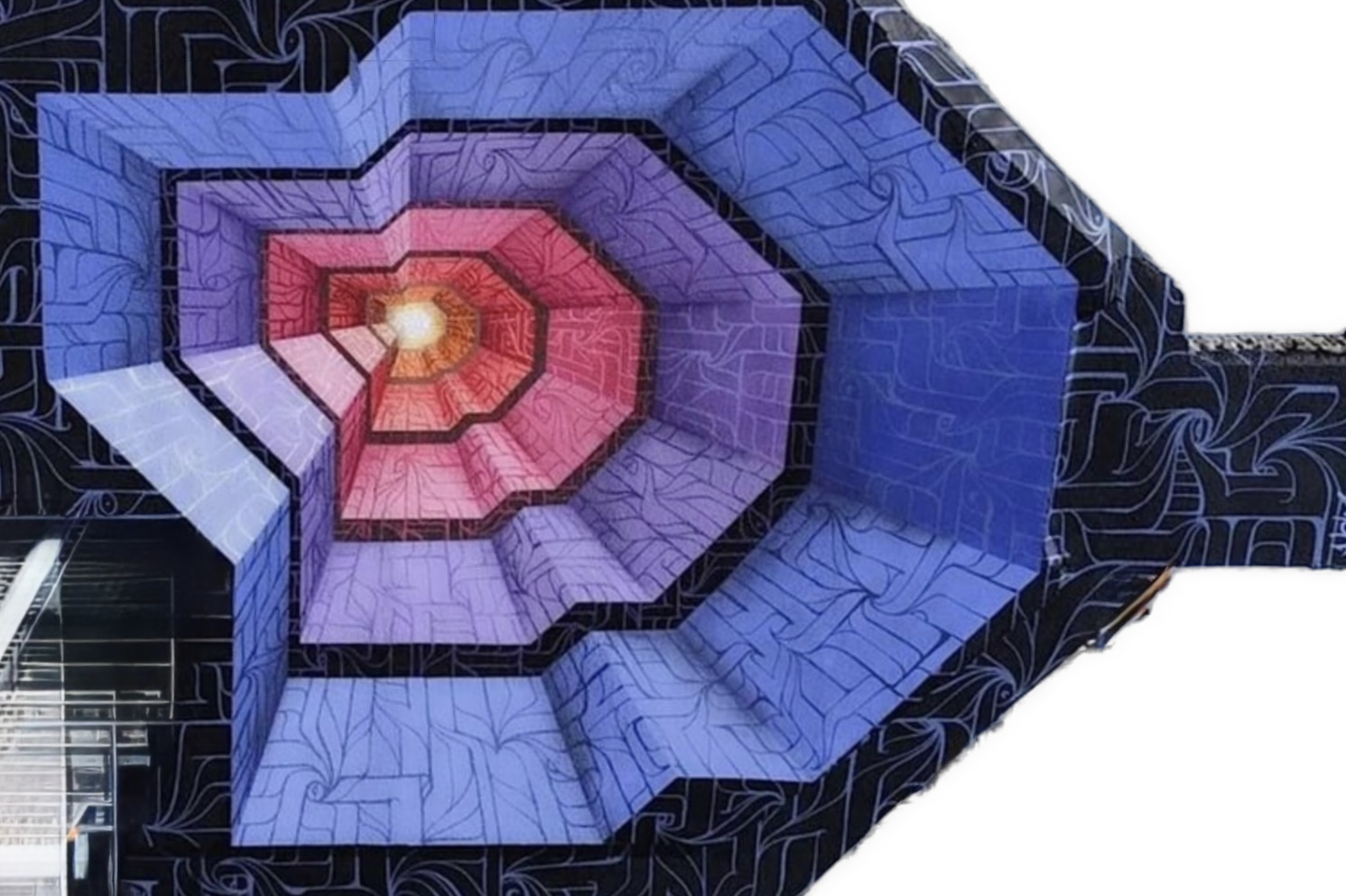 An enhanced photographic cutout of a house in Amsterdam, rotated to the right, with 3D paint in purple and inner layers, each separated by black lines, with pink inner layers and a yellow center, having the visual impression that it is ending up in a cup or a hole, is used as a bullet point.