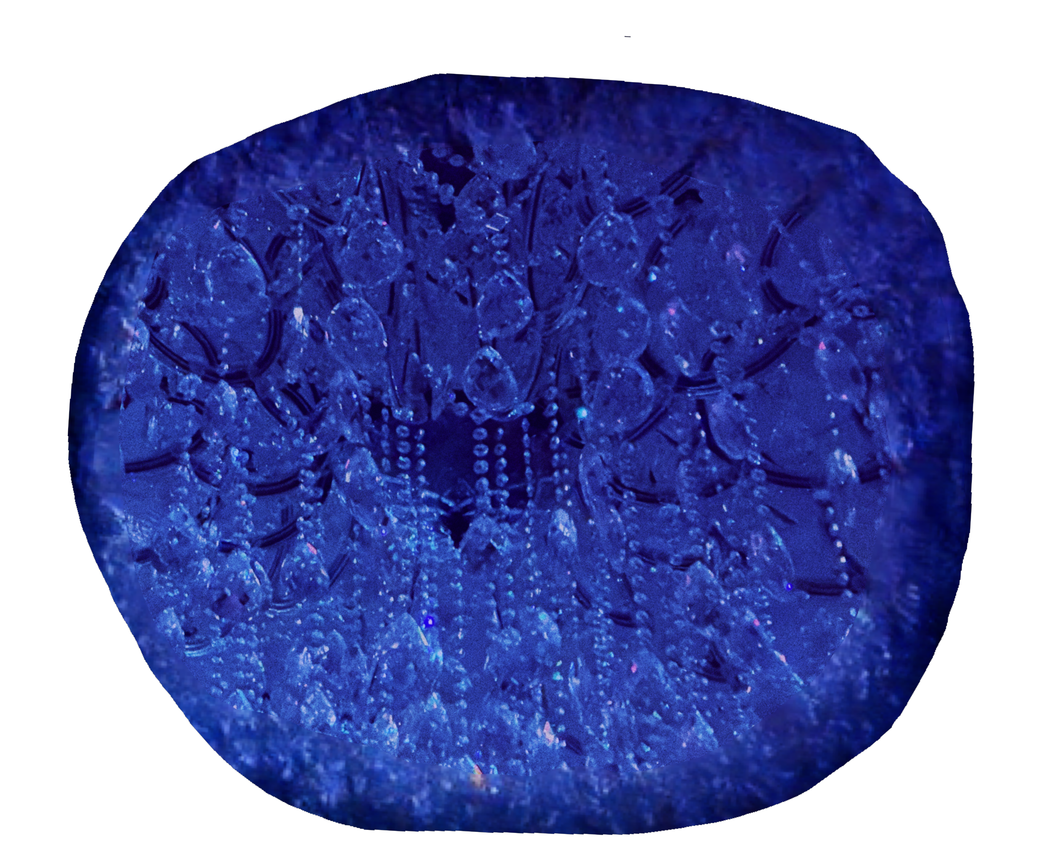An enhanced photographic cutout of a chandelier put through a dark blue and black filter effect is used as a bullet point.