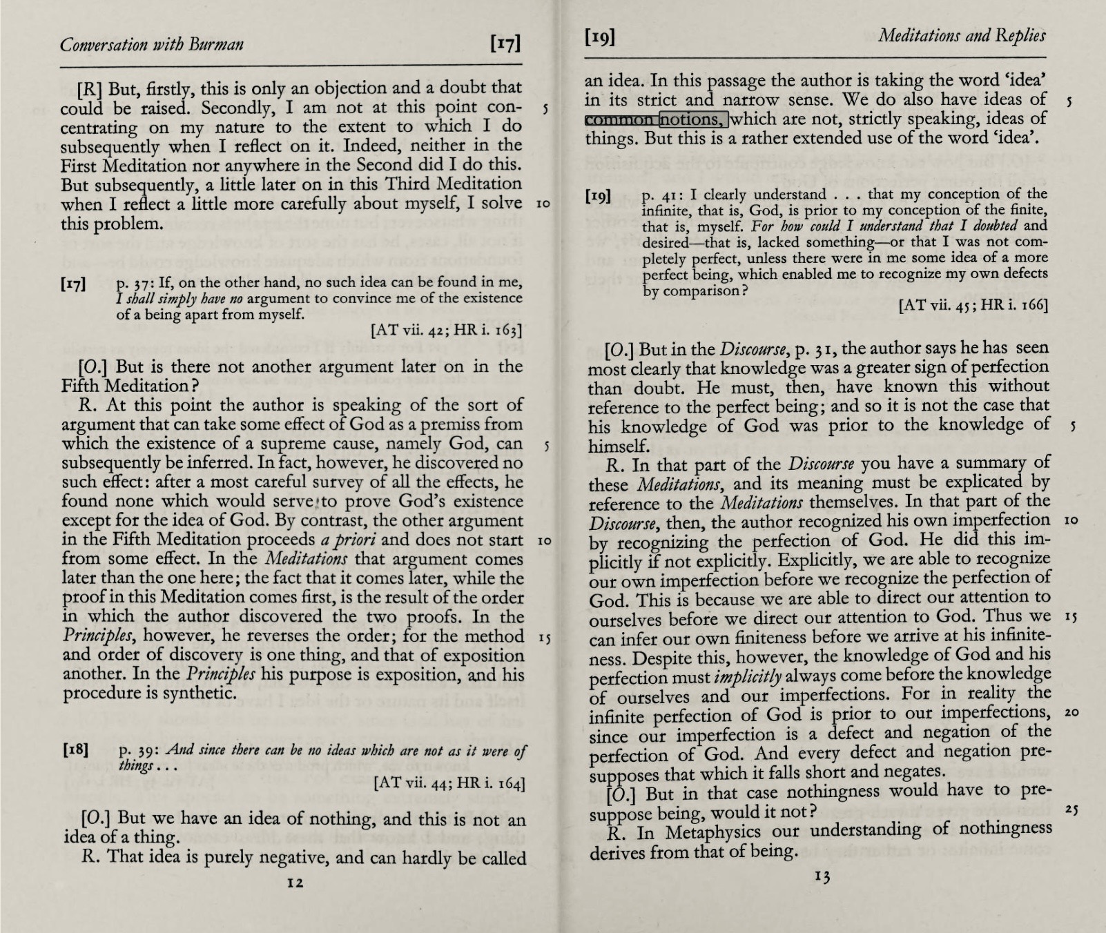 A screen capture of pp. 12–13 of John Cottingham’s translation of Conversation with Burman.