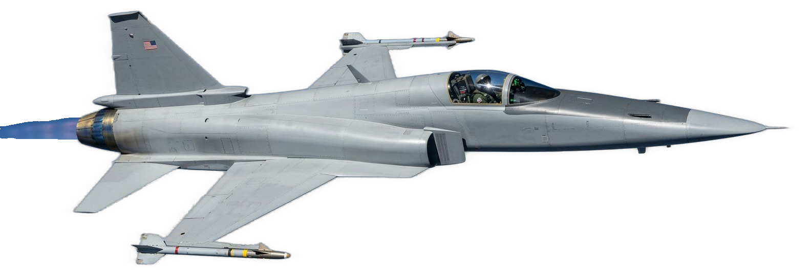 An enhanced, colorized photographic cutout of an F-20 Tigershark, which was only produced in three prototypes, serves as a bullet point. 