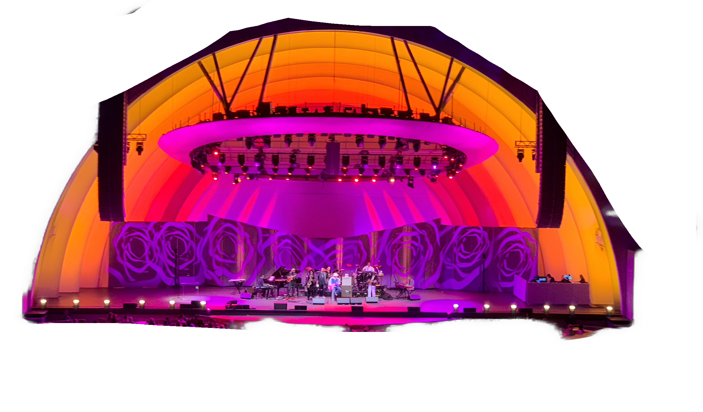 A photographic cutout of an orange and purple Hollywood Bowl is used as a bullet point.