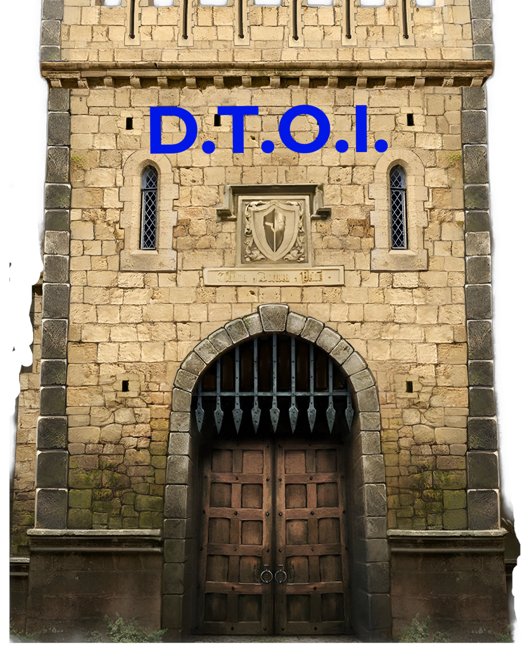 An enhanced cutout of a castle tower gate with a blue “D.T.O.I.” centered near the top of the guard tower is used as a bullet point.