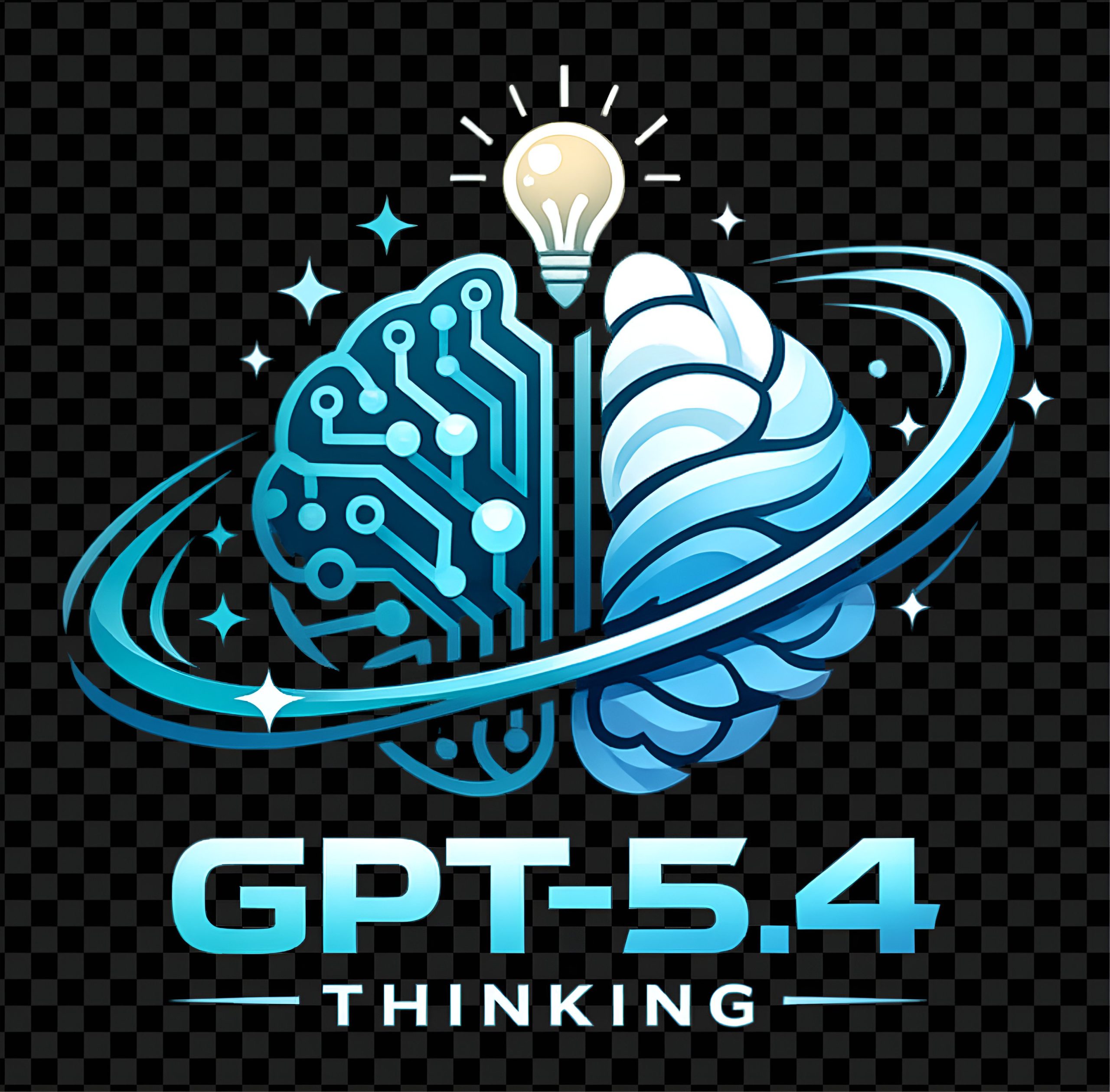 The logo, self-generated by ChatGPT 5.4 Thinking is of a blue, futuristic logo showing a half-circuit, half-human brain with a glowing light bulb above it and an orbital ring around it, symbolizing the fusion of AI and reflective thought. The text below reads “GPT-5.4 THINKING” is used to identify the AI model