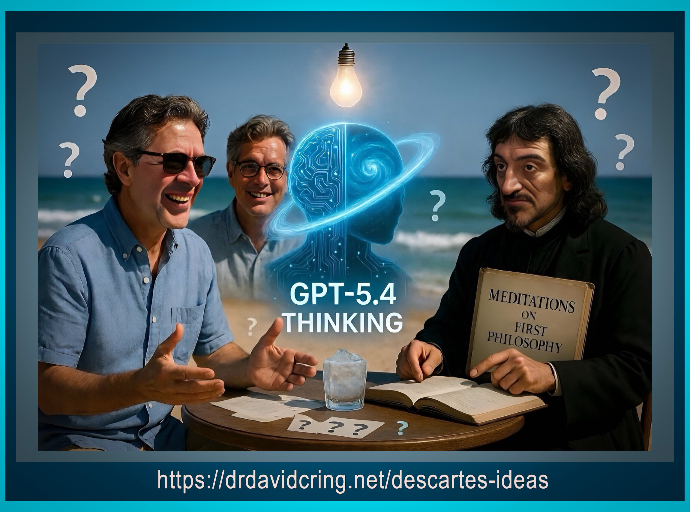 A triple frame image generated by Grok 4 of Dr. David C. Ring, Paul Hoffman, ChatGPT 5.4 Thinking, and René Descartes at the beach discussing Descartes theory of ideas, surrounded by question marks, is used as a featured image.