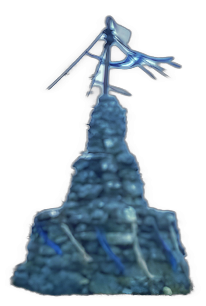 An enhanced photographic cutout of a stonecairn now looking like an abstract dark blue spire-like, textured structure topped with a windblown flag at the top serving as a bullet point.