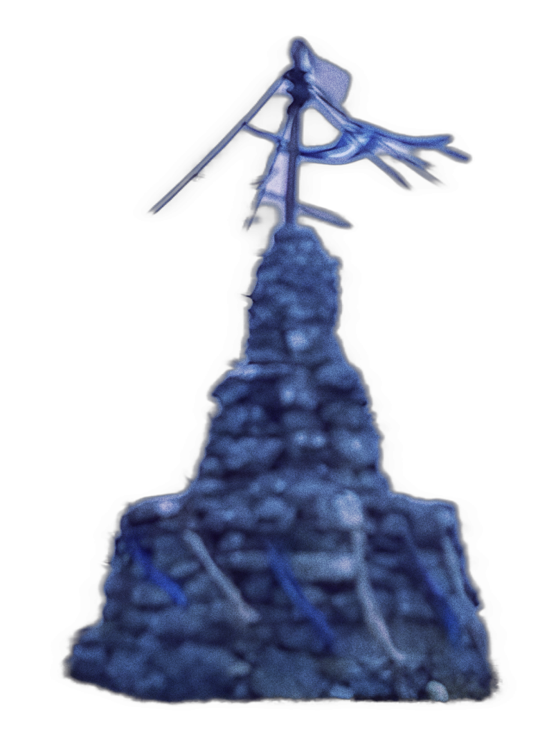 An enhanced photographic cutout of a stonecairn now looking like an abstract dark cerulean spire-like, textured structure topped with a windblown flag at the top serving as a bullet point.