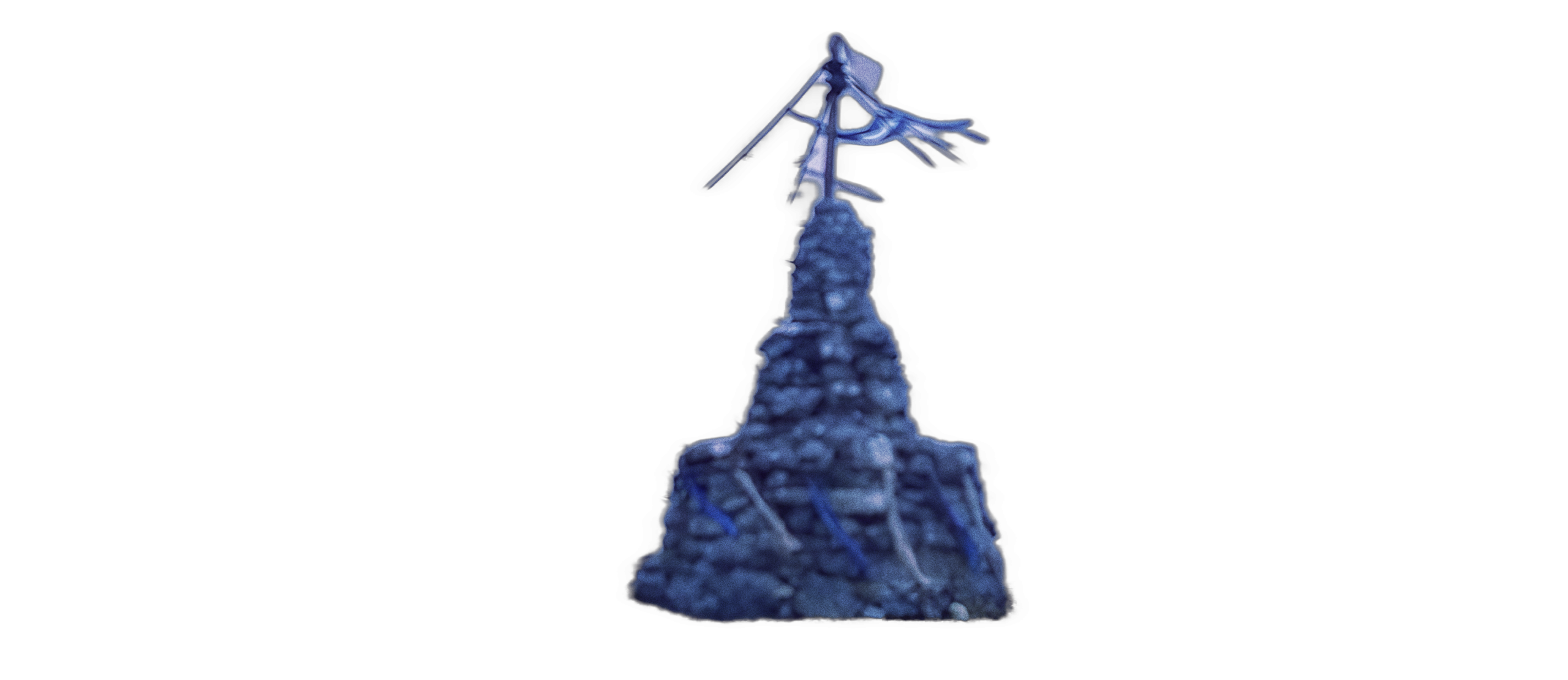 An enhanced photographic cutout of a stonecairn now looking like an abstract dark cerulean spire-like, textured structure topped with a windblown flag at the top serving as a bullet point.
