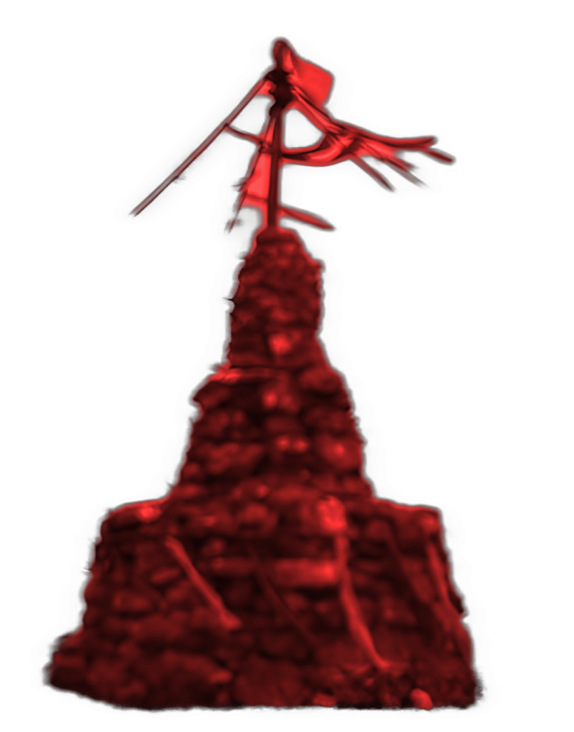 An enhanced photographic cutout of a stonecairn now looking like an abstract dark red spire-like, textured structure topped with a windblown flag at the top serving as a bullet point.