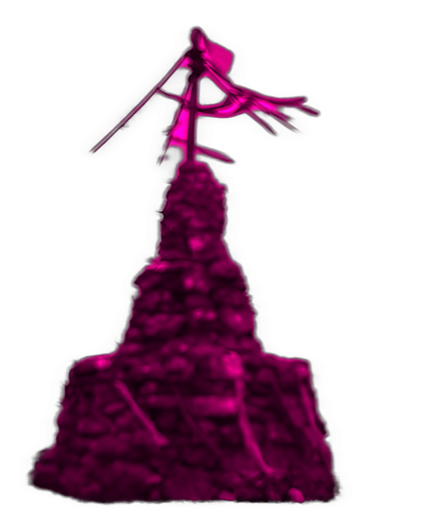 An enhanced photographic cutout of a stonecairn now looking like an abstract dark magenta spire-like, textured structure topped with a windblown flag at the top serving as a bullet point.