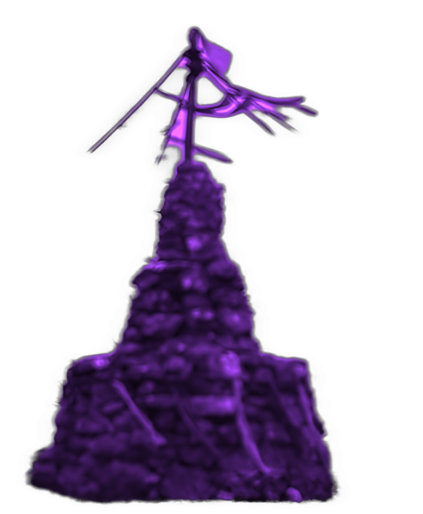 An enhanced photographic cutout of a stonecairn now looking like an abstract dark purple spire-like, textured structure topped with a windblown flag at the top serving as a bullet point.