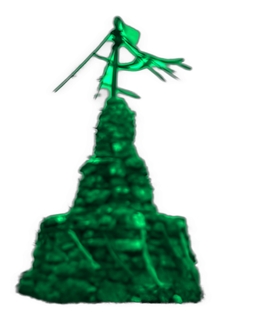 An enhanced photographic cutout of a stonecairn now looking like an abstract emerald-green, spire-like, textured structure topped with a windblown flag at the top serving as a bullet point.