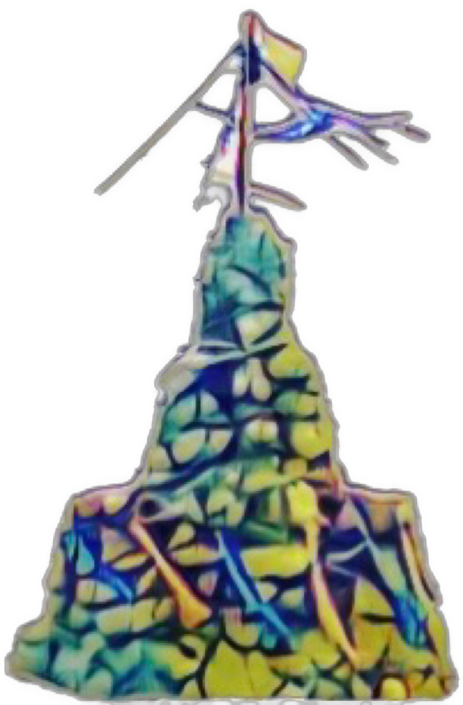An enhanced photographic cutout of a stonecairn now looking like an abstract multi-colored spire-like, textured structure topped with a windblown flag at the top serving as a bullet point.