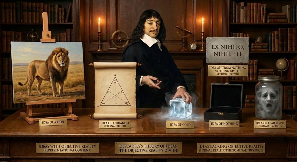 An AI-generated image by Nano Banana Pro of René Descartes in the middle between objective reality and those ideas with it, and on the right side are ideas without OR, serves as a featured image.