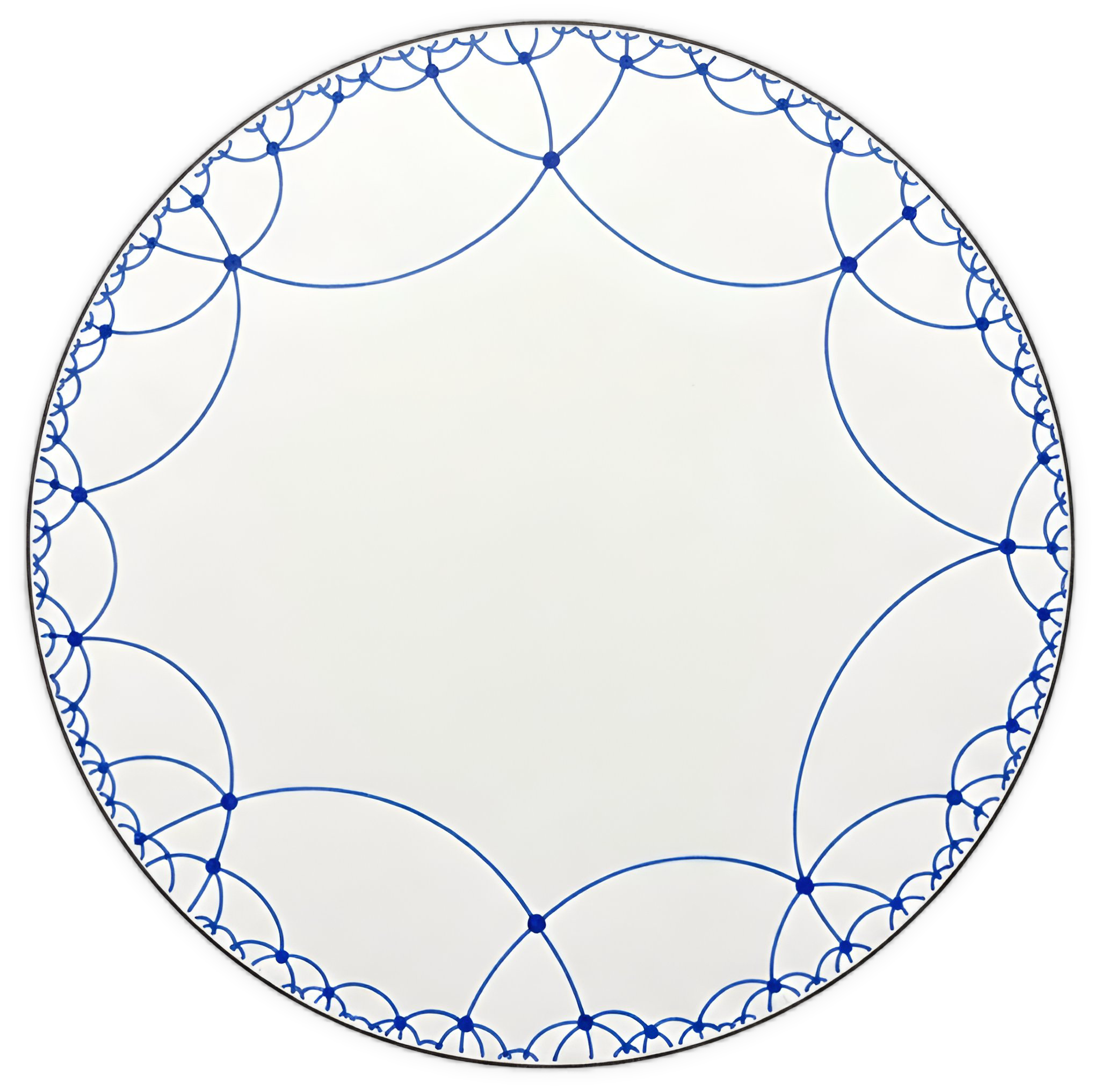An enhanced cutout of a drawing of a Poincaré white disk with blue lines at the interior of the circle model of an apeirogon in hyperbolic geometry serves as a bullet point.