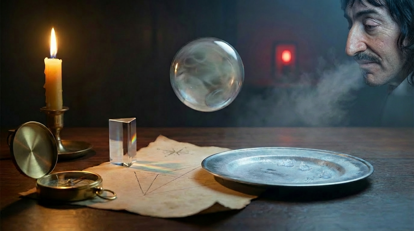 An AI-generated image by Nano Banana Pro of René Descartes’s head on the right, looking at a metal plate, a glass sphere, and a lighted candle, serves as a featured image.
