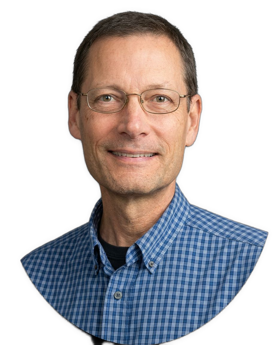 An enhanced, colorized photographic cutout of George H. Rudebusch, wearing a blue, finely cross-hatched, collared shirt and rimless glasses, and sporting slight beard stubble, is used to visually identify him.