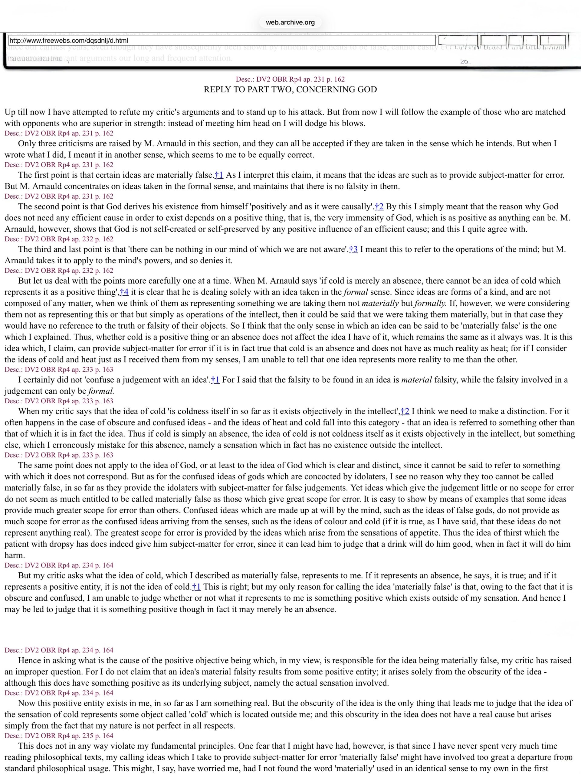 A screen capture of the CSM Fourth Replies to Arnauld Concerning God.