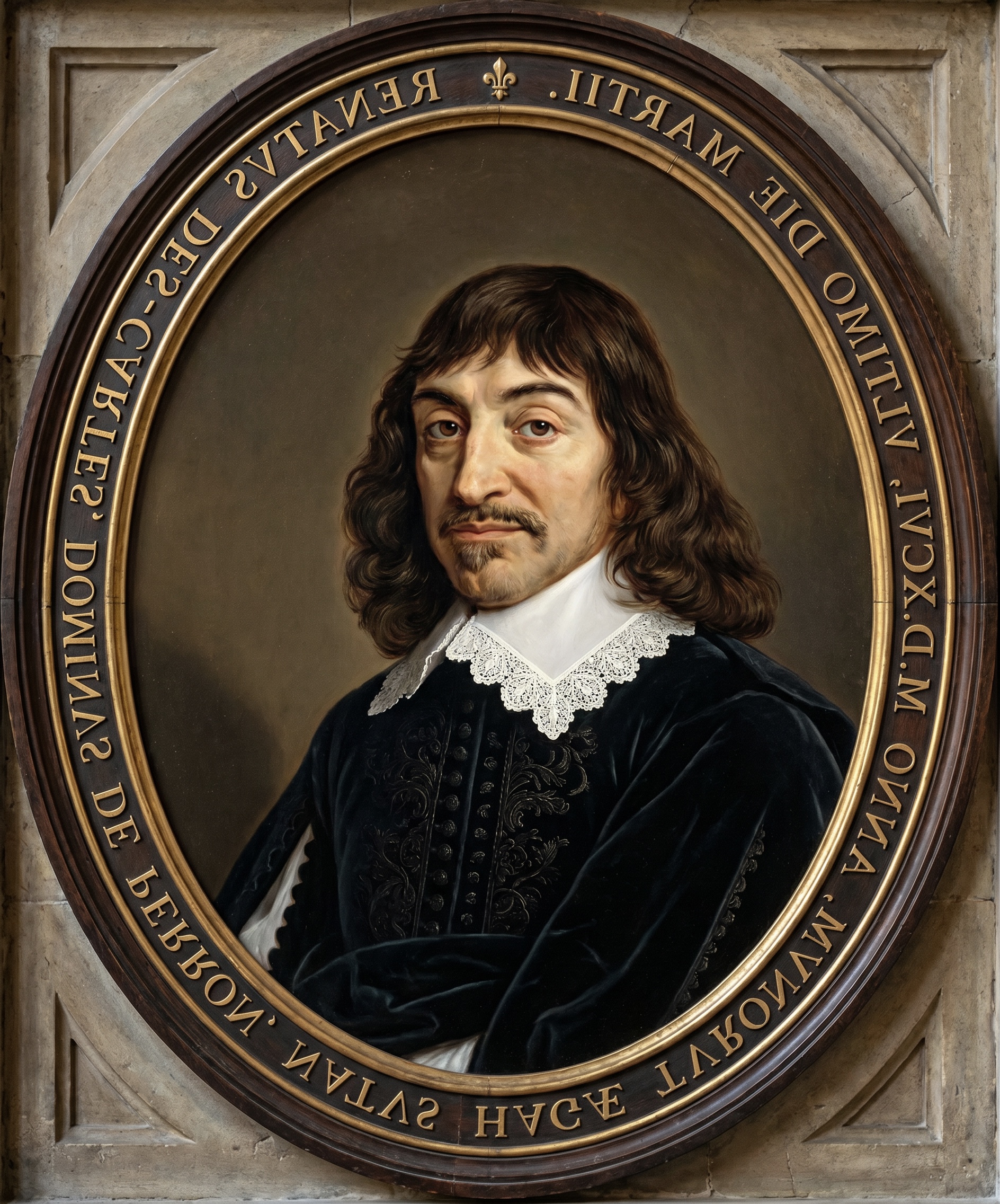 A reversed oval-framed painted portrait of René Descartes, depicted with shoulder-length dark hair, a mustache and small goatee, a black embroidered coat, and a white lace collar. Around the frame is a Latin inscription naming him and noting the year 1646, set into a carved stone architectural surround and services as an entertaining divider.