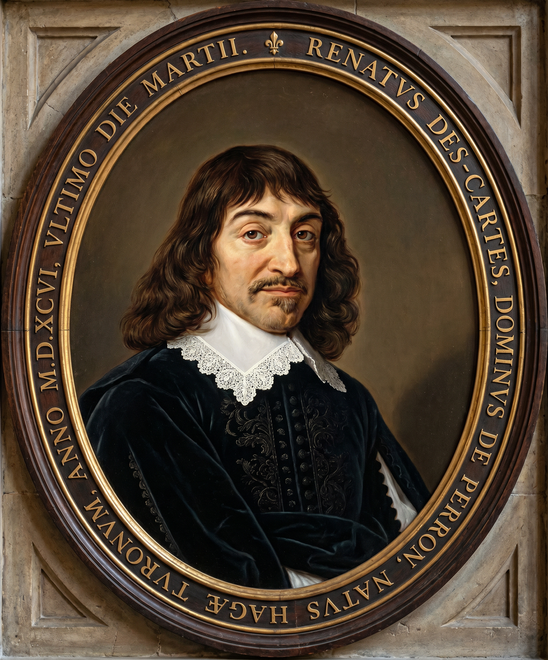 The image shows an oval-framed painted portrait of René Descartes, depicted with shoulder-length dark hair, a mustache and small goatee, a black embroidered coat, and a white lace collar. Around the frame is a Latin inscription naming him and noting the year 1646, set into a carved stone architectural surround and services as an entertaining divider.