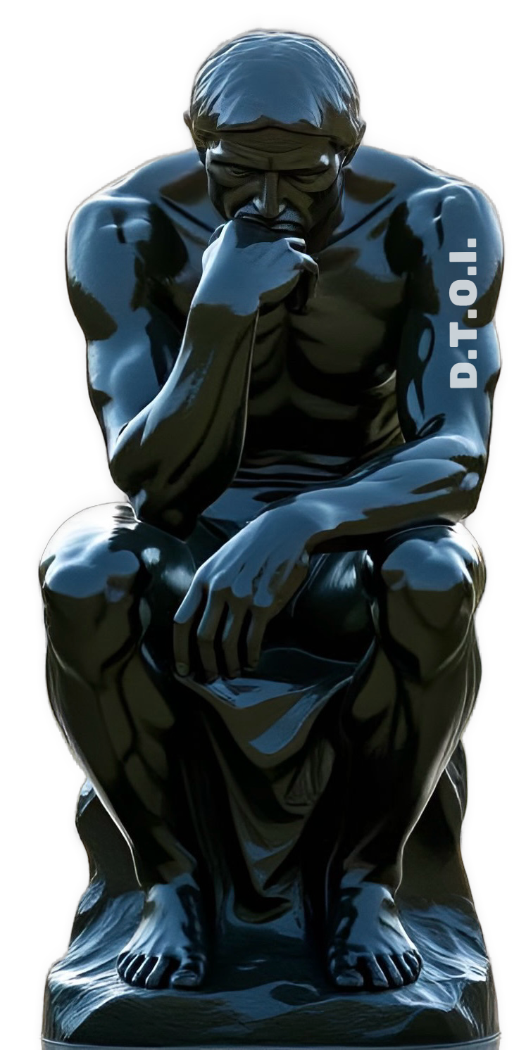 A dark, rich metallic blue of Rodin’s “The Thinker” statue viewed from straight on with D.T.O.I. on his left upper forearm serving as a bullet point.