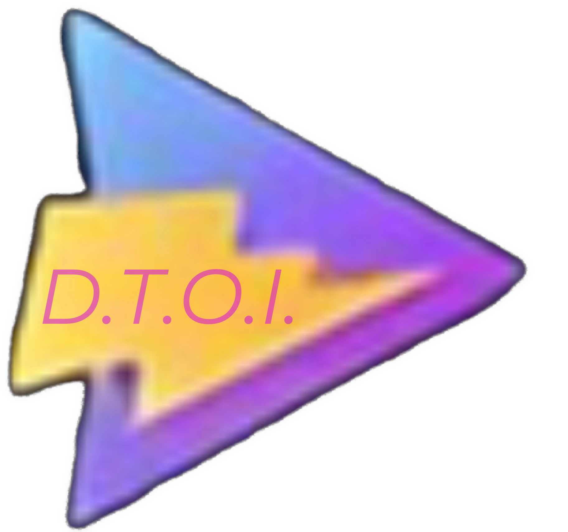 A purple arrowhead with a fat yellow lightning bolt on top of it with an orange “D.T.O.I.” in the center of the bolt.