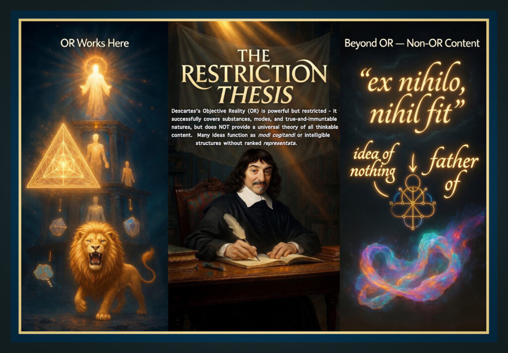 A framed triptych-style philosophical poster generated using ChatGPT 5.5 Thinking titled “The Restriction Thesis” contrasting the domain where objective reality (OR) properly applies—substances, modes, true-and-immutable natures, and ranked representata, symbolized by a glowing geometric triangle, divine figure, and lion—with a “Beyond OR” domain of non-OR intelligible contents such as “ex nihilo, nihil fit,” the idea of nothing, and the father-of relation. At the same time, Descartes writes in the center panel beneath an explanatory thesis statement of the Restriction Thesis serving as the featured image.