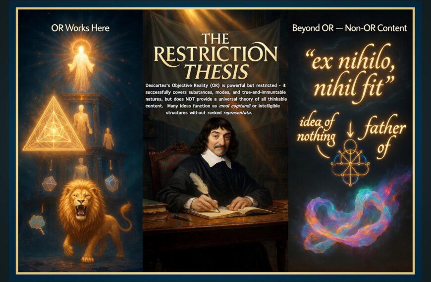 A framed triptych-style philosophical poster generated using ChatGPT 5.5 Thinking titled “The Restriction Thesis” contrasting the domain where objective reality (OR) properly applies—substances, modes, true-and-immutable natures, and ranked representata, symbolized by a glowing geometric triangle, divine figure, and lion—with a “Beyond OR” domain of non-OR intelligible contents such as “ex nihilo, nihil fit,” the idea of nothing, and the father-of relation. At the same time, Descartes writes in the center panel beneath an explanatory thesis statement of the Restriction Thesis serving as the featured image.
