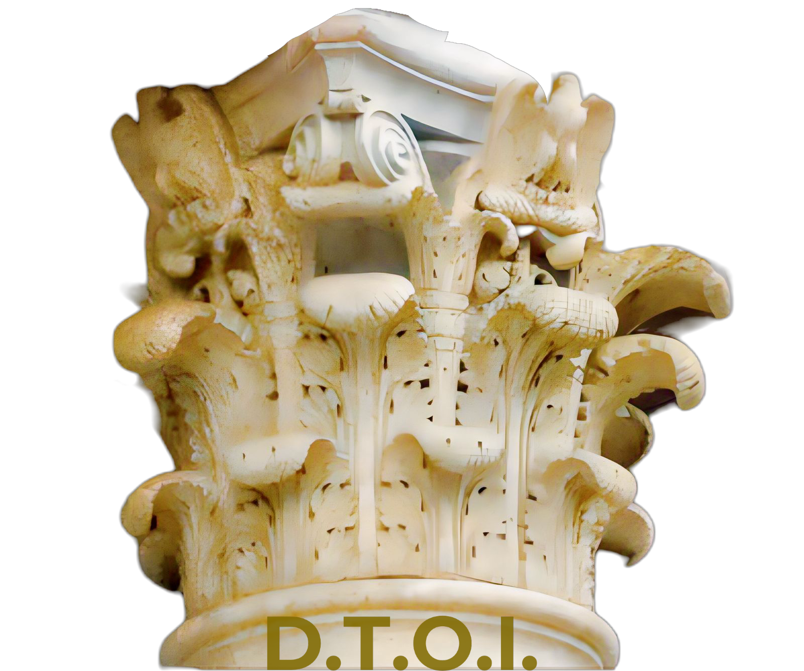 A stylized ivory-and-gold architectural capital or carved column top, filled with layered classical ornament and abstract sculptural details, bears the large inscription “D.T.O.I.” across its base serving as a bullet point.
