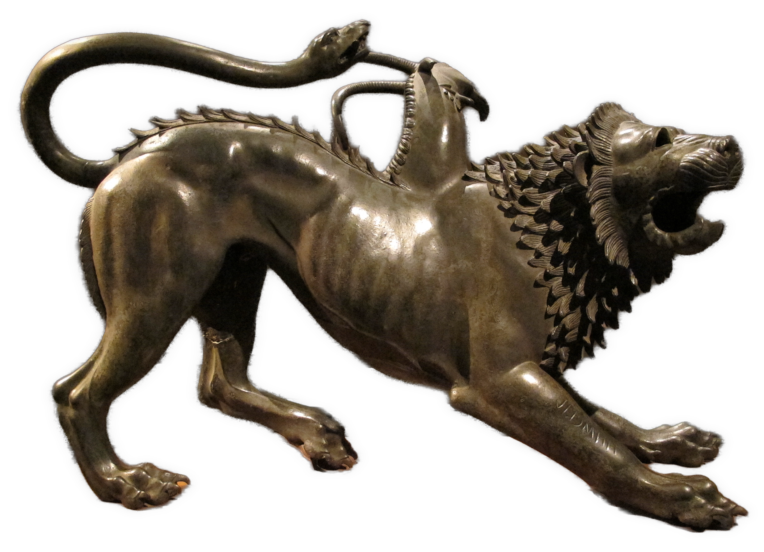 A bronze chimera statue is shown in a crouching, roaring pose, with a lion’s body and mane, a goat’s head rising from its back, and a snake forming its arched tail.