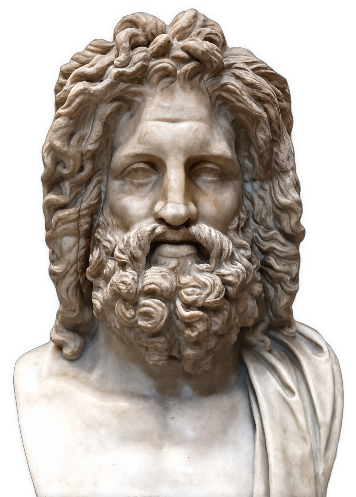 An enhanced and colorized photographic cutout  of the head of Zeus statue in the Vatican Museums in Vatican City.
