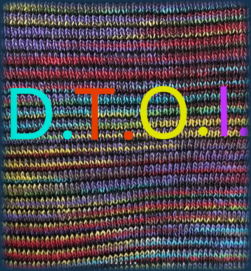 The image is a close-up photograph of a densely textured, multicolored knitted or crocheted fabric with horizontal stripes in vibrant shades of purple, blue, teal, yellow, red, pink, and brown, overlaid in the center with the large, bold acronym “D.T.O.I.” in which each letter and its following period is rendered in a different bright color (cyan D, orange T, yellow O, purple I) against the bumpy yarn background.