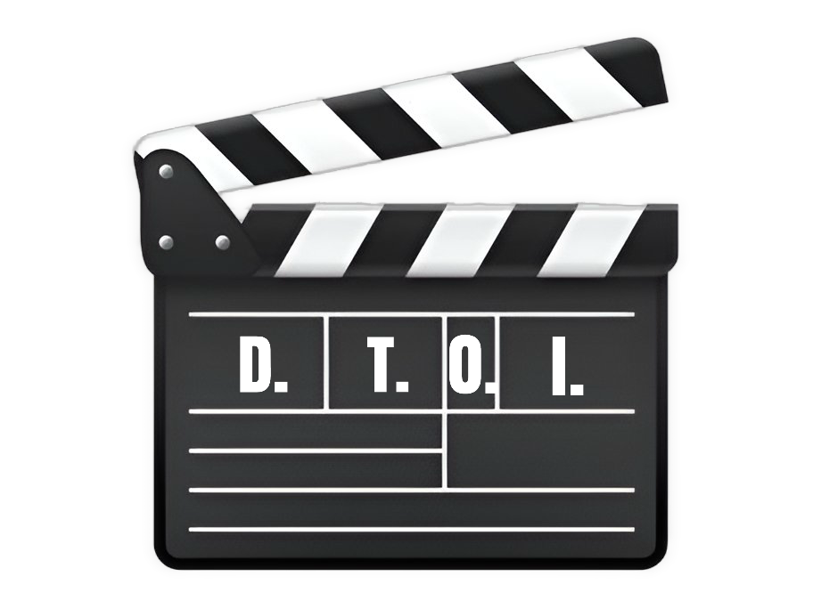A black film clapperboard with its striped top open stands centered against a solid black background, displaying the white letters “D. T. O. I.” in separate boxes on the slate.